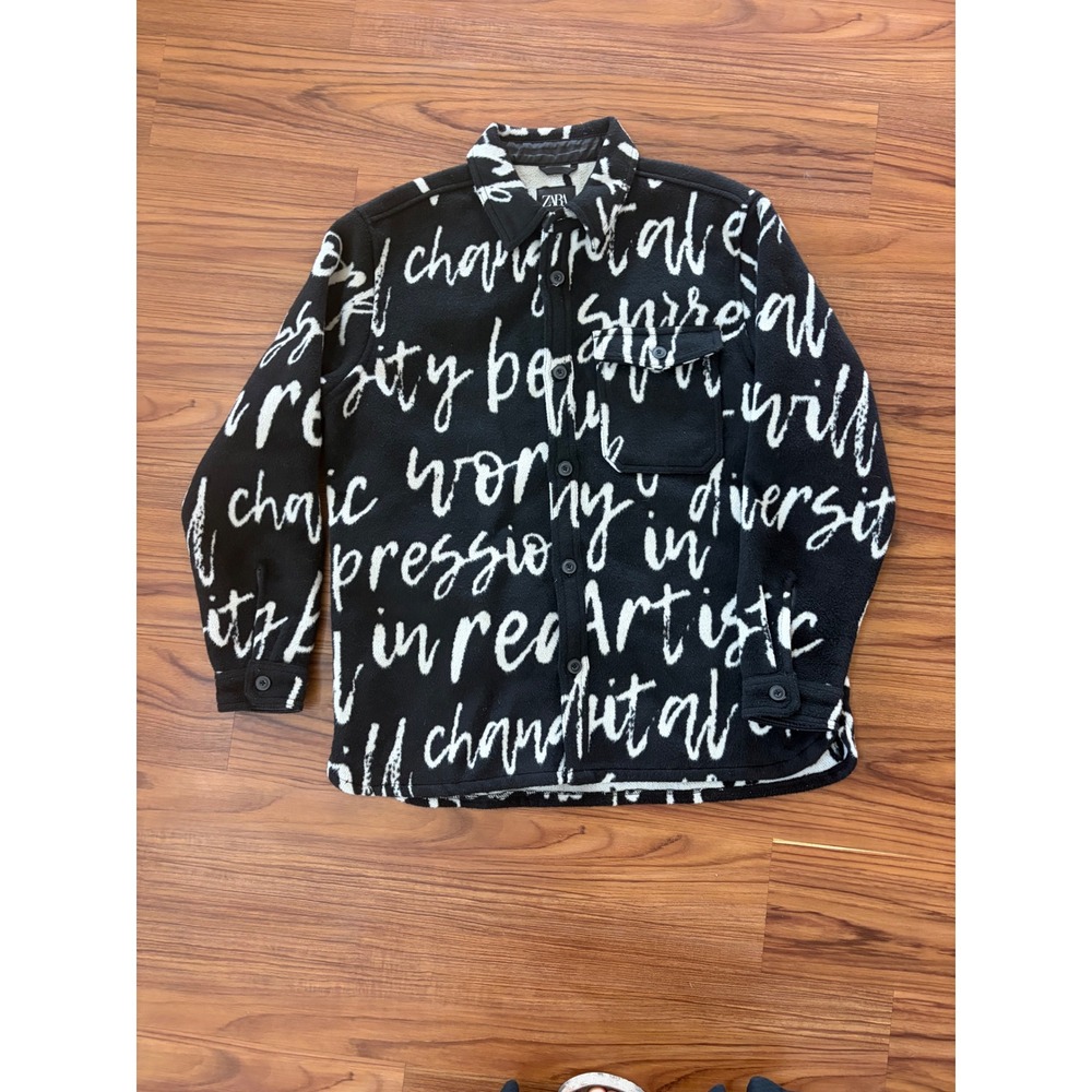 Zara Mens graffiti Print Fleece Shirt Jacket Black White Artistic Shacket XL